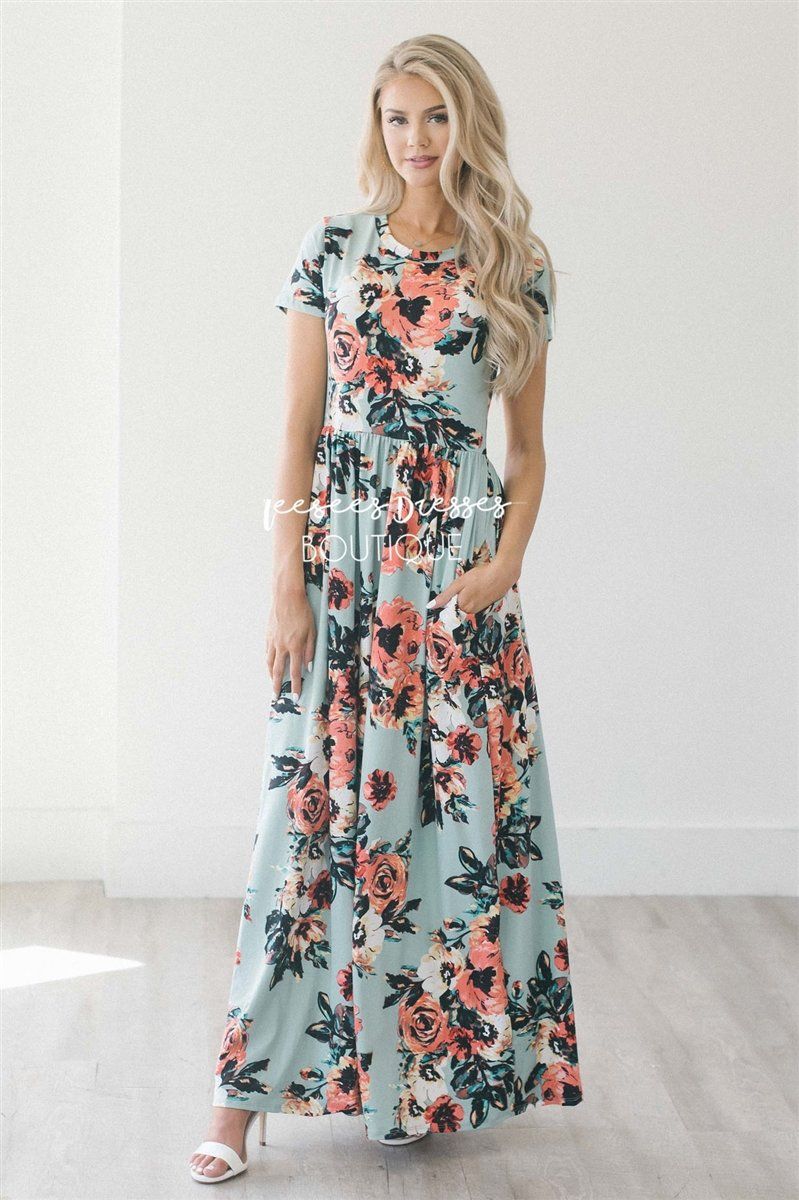 Mint Watercolor Short Sleeve Maxi Dress