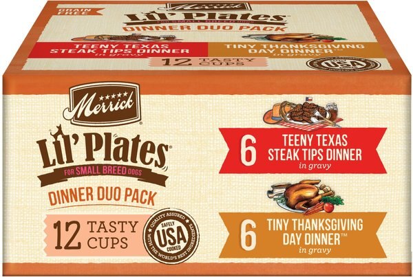 Merrick Lil’ Plates Dinner Duos Teeny Texas Steak Tips Dinner and Tiny Thanksgiving Day Dinner Variety Pack Grain-Free Wet Dog Food， 3.5-oz tub， case of 12