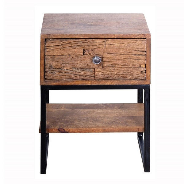 22 Inch Bedside Table Nightstand， Mango Wood， Metal， Natural Brown， Black - - 36884193