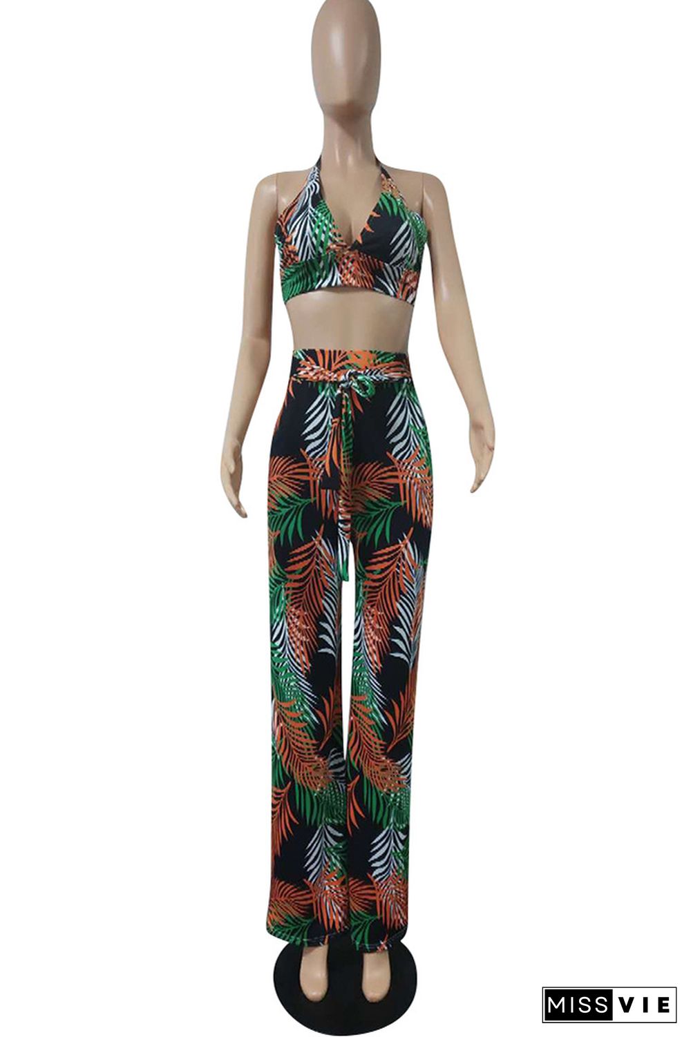 Multi-Color 2 Piece Outfits - Floral Jumpsuits Long Pants Sets Sleeveless Crop Tops