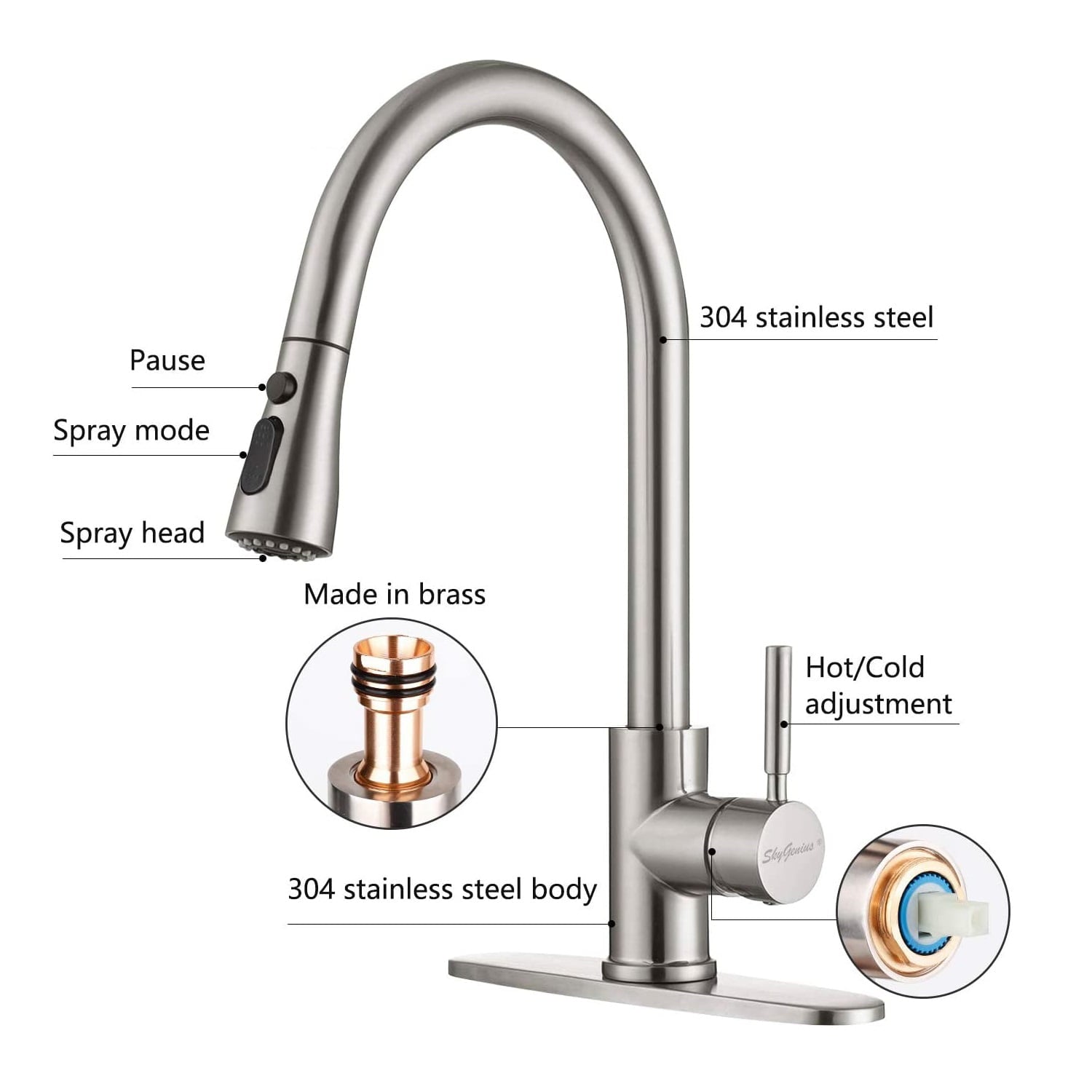 SkyGenius Pull Down Kitchen Faucet with Sprayer Single Handle Sink Faucet Brushed Nickel for Kitchen