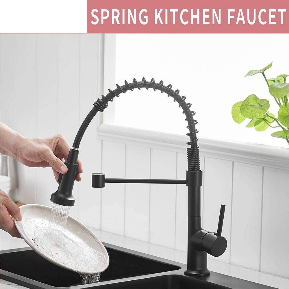 FLG Commercial Kitchen Sink Faucet with Pull Down Sprayer Spring Kitchen Faucets Single Handle Brass 1 Hole Taps Matte Black CC-0040-MB