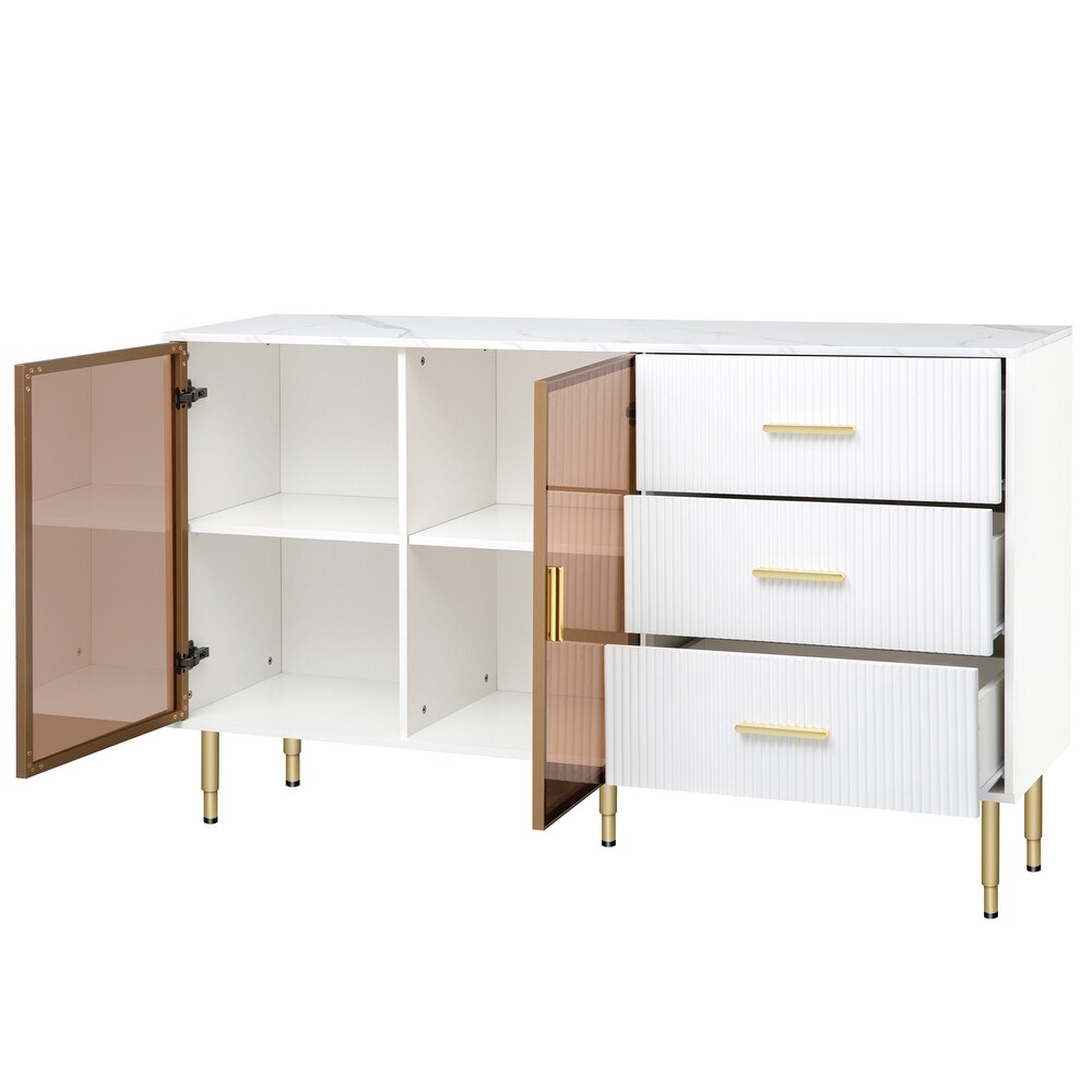 Modern Buffet Cabinet Marble Sticker Tabletop and Amber with Gold Legs