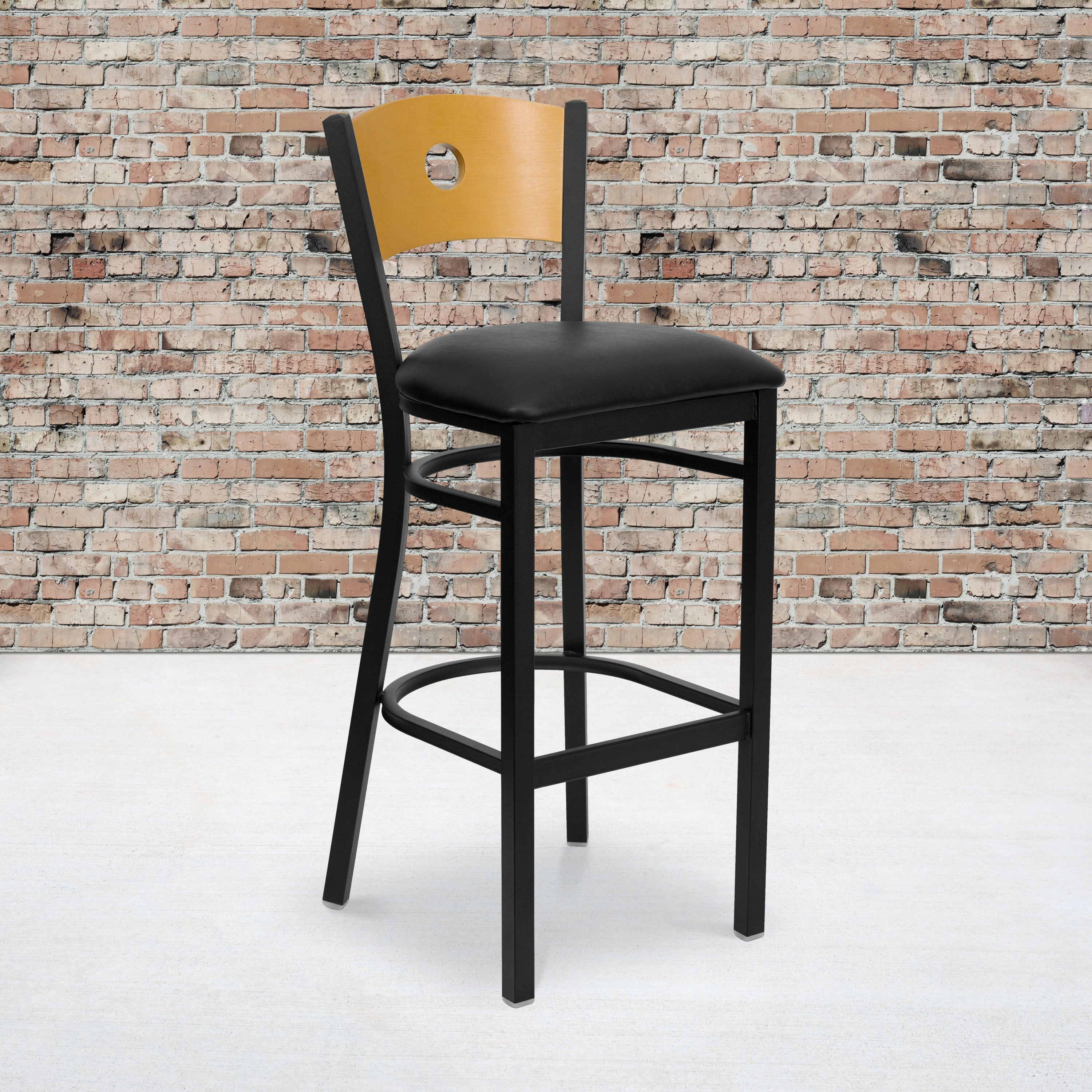 Flash Furniture HERCULES Series Black Circle Back Metal Restaurant Barstool - Natural Wood Back， Black Vinyl Seat