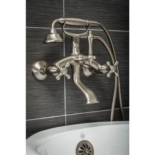 PELHAM  WHITE Vintage Style 3-Handle Wall Mount Claw Foot Tub Faucet with Cross Handles and Handshower in Brushed Nickel PW82511-C-BN