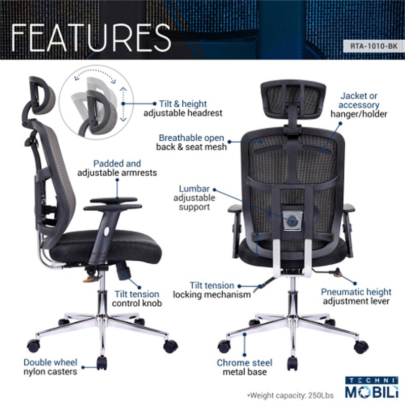 High Back Executive Mesh Office Chair with Arms  Lumbar Support