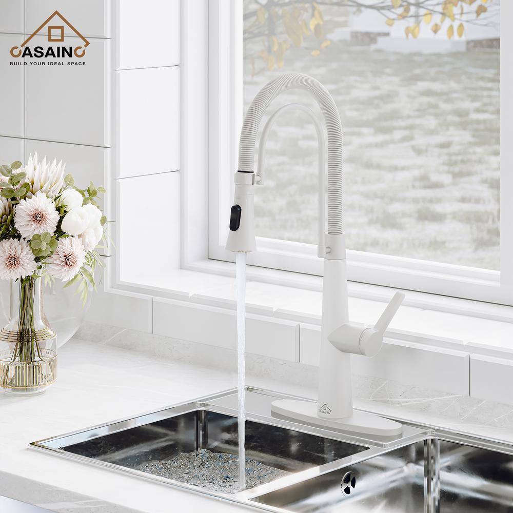 CASAINC Single Handle Spring Neck Standard Kitchen Faucet with Dual-Function Sprayhead and Deck Plate in Matte White CA-D0462-MW