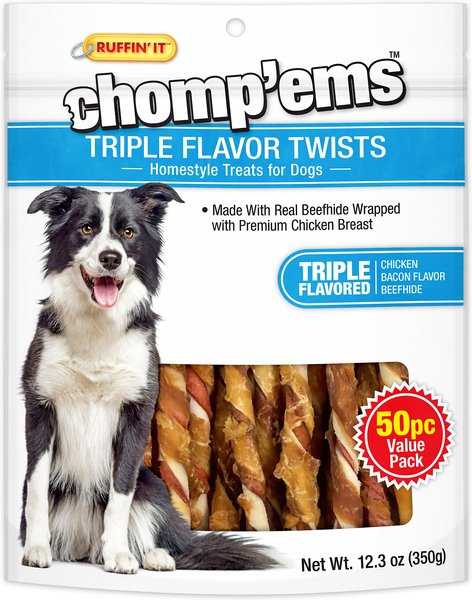 RUFFIN' IT Chomp'ems Triple Flavor Twists Chicken， Bacon and Beefhide Dog Treats， 50 count