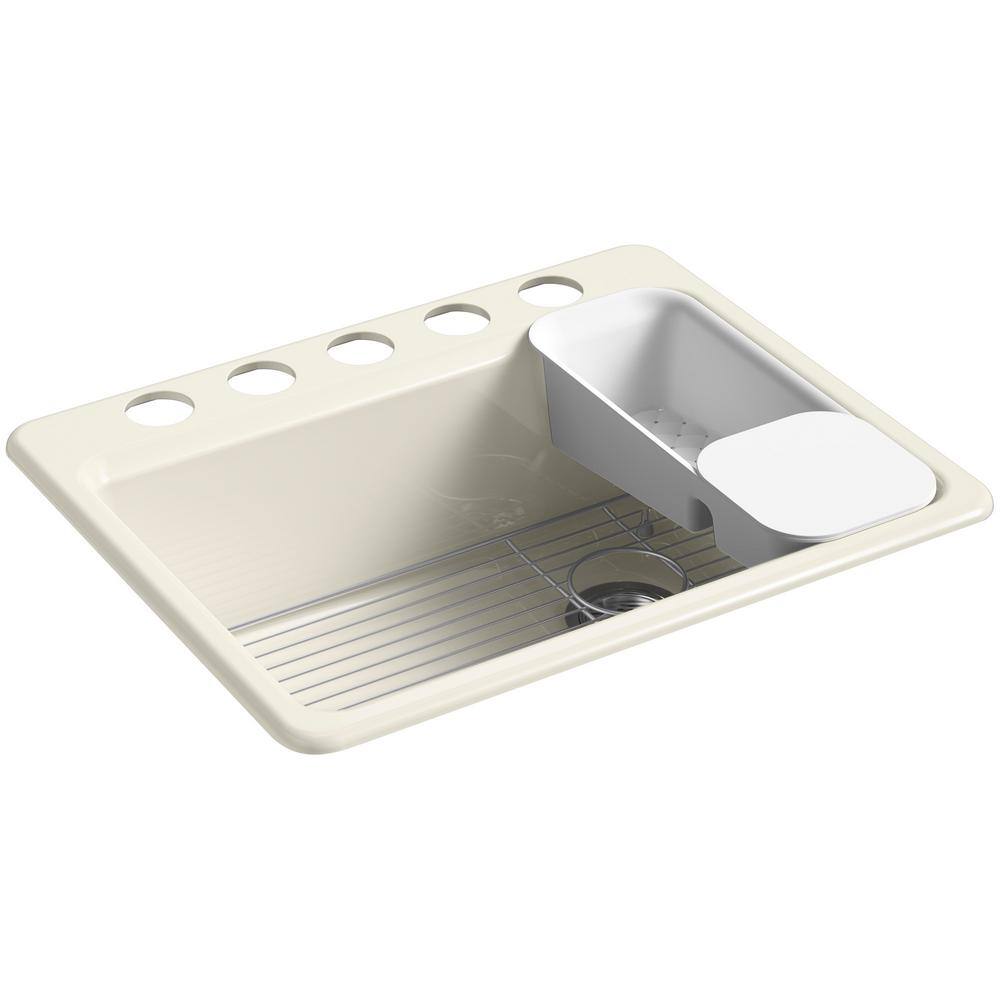 KOHLER Riverby Undermount Cast Iron 27 in. 5-Hole Single Bowl Kitchen Sink Kit in Biscuit K-8668-5UA2-96