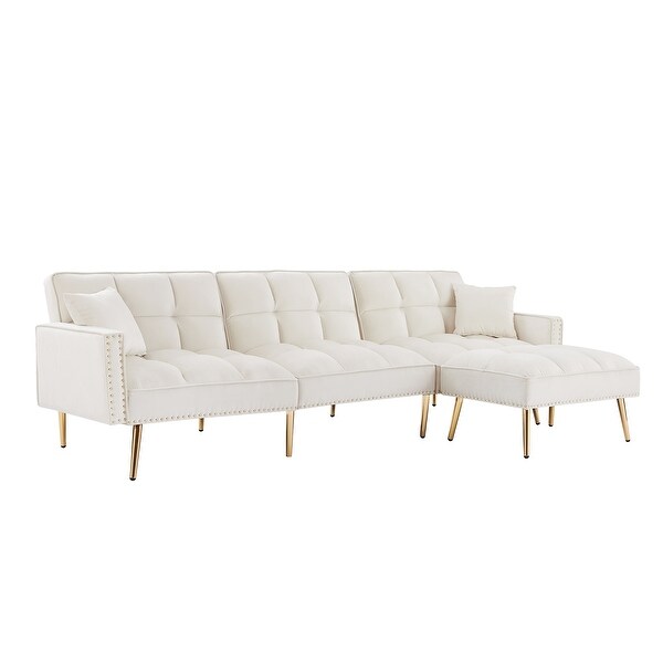 White Velvet Upholstered Reversible Sectional Sofa Bed ， L-Shaped Couch with Movable Ottoman