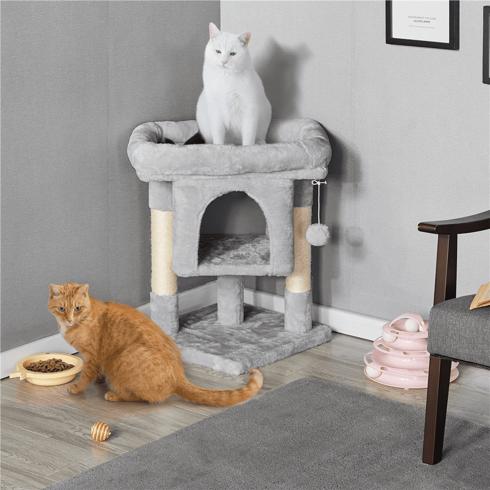 Easyfashion 2-Level Cat Tree Kitten Condo House with Plush Perch， Light Gray