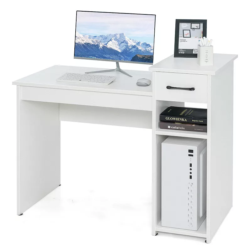 Computer Desk PC Laptop Table with Drawer and Shelf - White