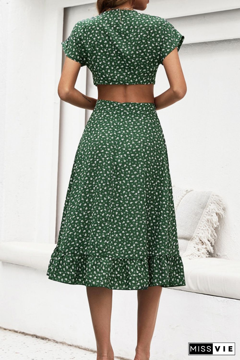 Floral V-neck Bow Top + Skirt Two-piece Set Wholesale