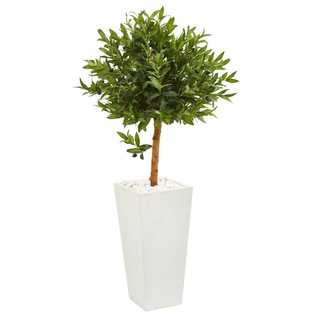 Nearly Natural 4-ft Olive Topiary Artificial Tree In White Planter(indoor/outdoor)