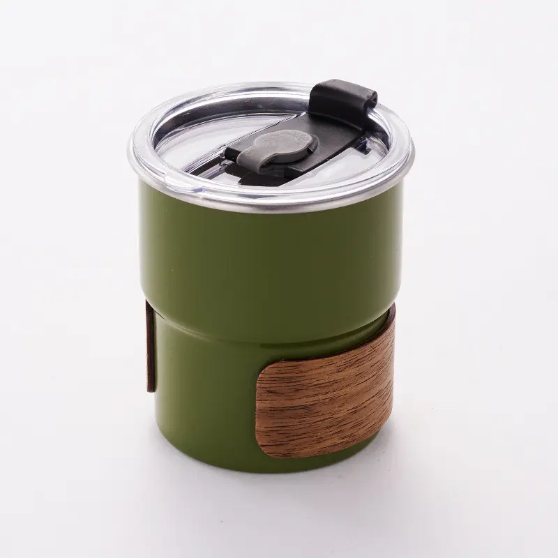 Stocked Custom Logo Color Coffee 300 ml Wooden Sleeve Camping Wine Cup Stainless steel Cups For Camp