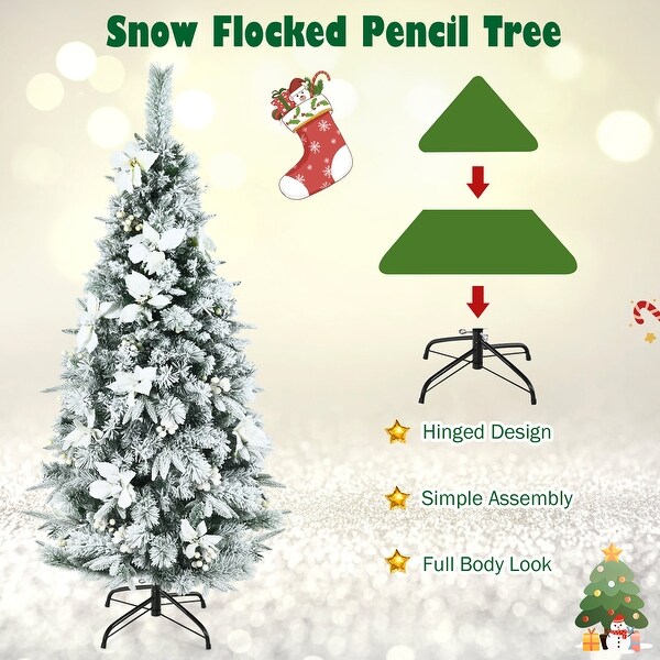 Costway 5ft Snow Flocked Christmas Pencil Tree w/ Berries and Poinsettia