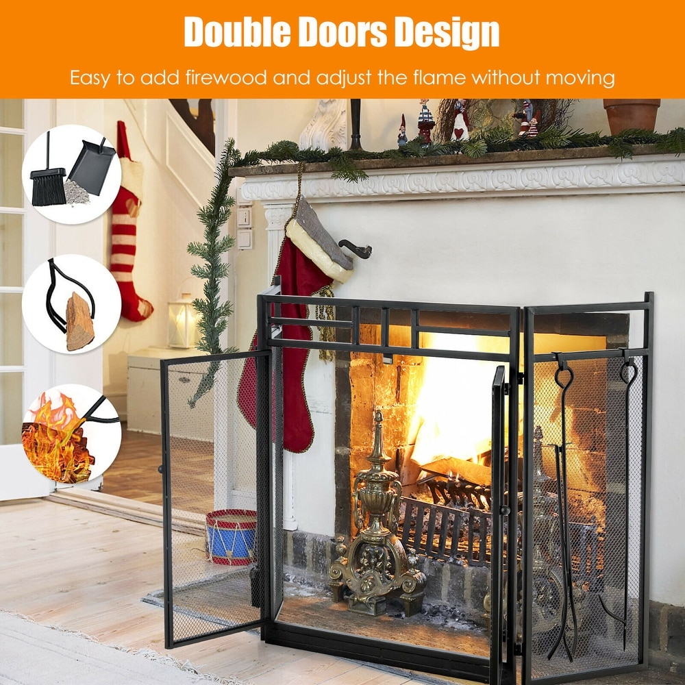 Gymax 3 Panel Folding Wrought Iron Fireplace Screen W/ Doors   4   See Details