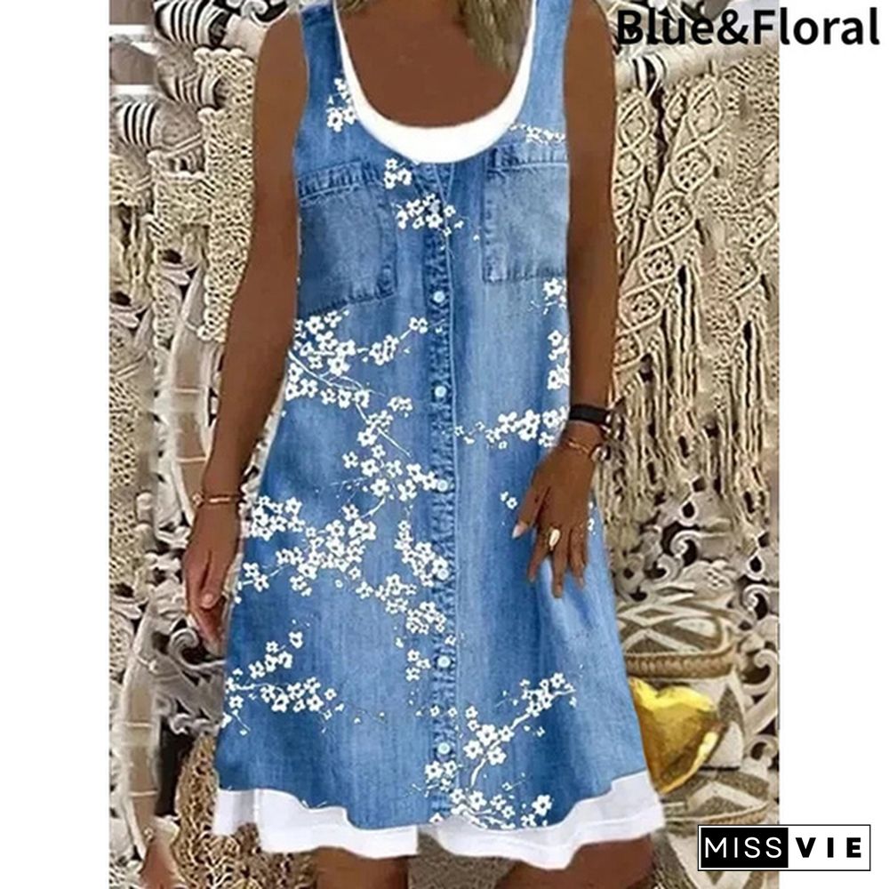 Women's Fashion Sleeveless Summer Tank Dress Casual Loose Floral Print Swing Flared Sundress