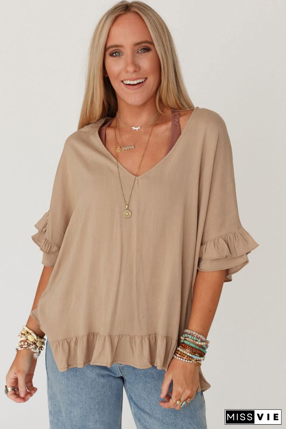 Light French Beige Loose Ruffled V Neck Blouse