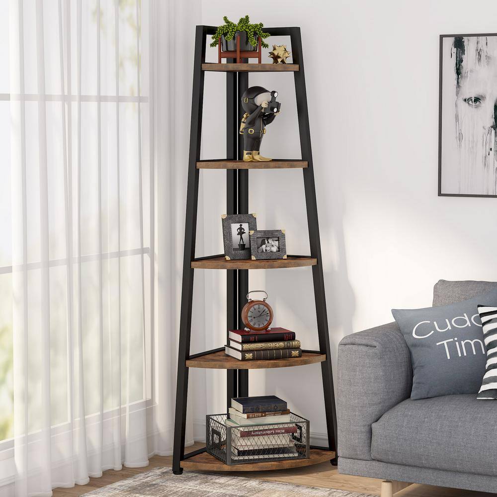 TRIBESIGNS WAY TO ORIGIN Jannelly 70 in. Rustic Brown and Black Wood 5tier 5 Shelf Corner Ladder Bookcase with Open Back HD-C0175-WZZ