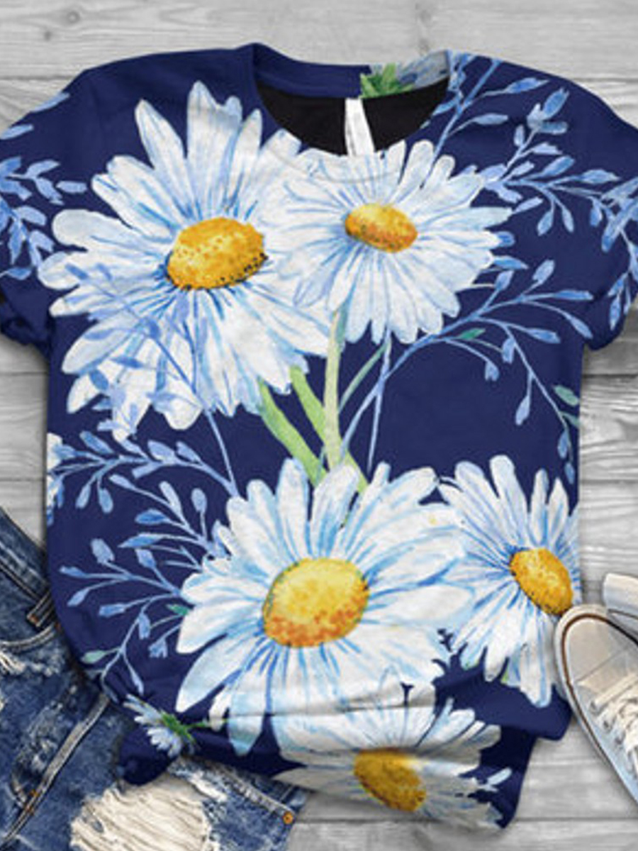 Short Sleeves Round Neck Floral Printed Casual T-shirt