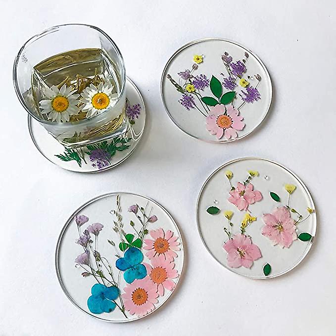 Drink Coasters Flower Cup Mat-epoxy Resin Coasters With Colorful Natural Floral Reusable Round Kitchen Utensils For Dining Cups (set Of 4) (4， Bd0001)