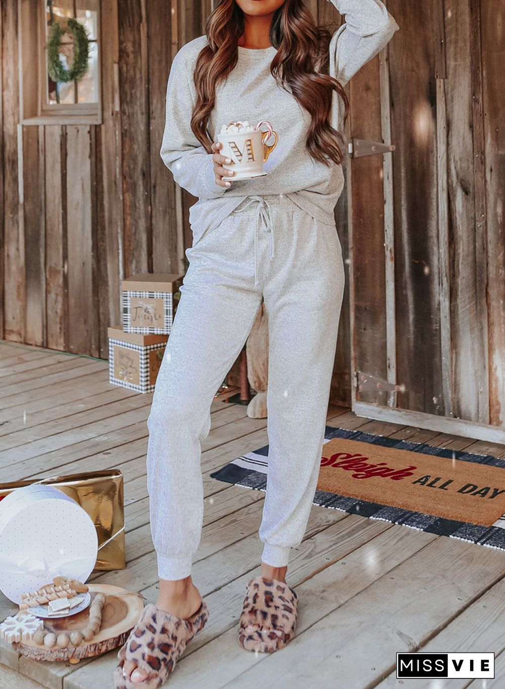 Gray Long Sleeve Pullover and Jogger Pants Lounge Set