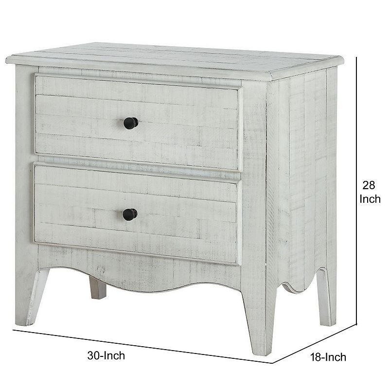 28 Inch 2 Drawer Plank Style Nightstand， Weathered White