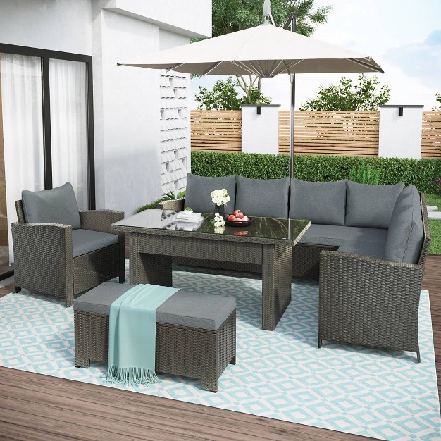 6pc Outdoor Set With Loveseats Sofa Chair Bench amp Coffee Table Gray Godeer