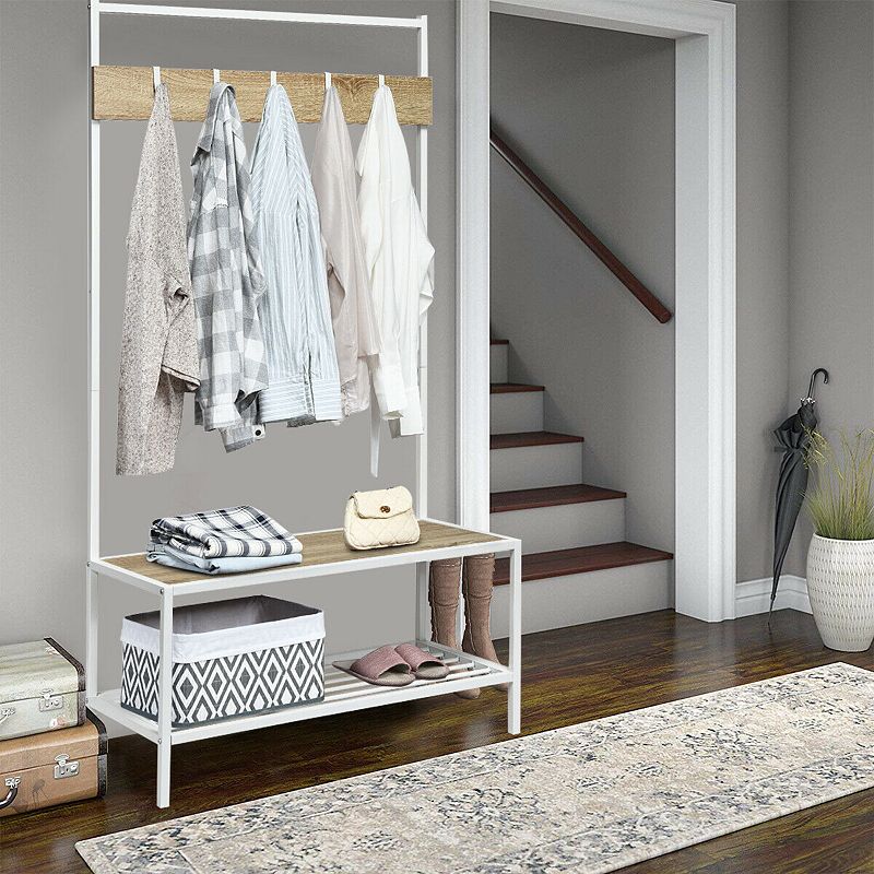 3-in-1 Industrial Coat Rack with 2-tier Storage Bench and 5 Hooks