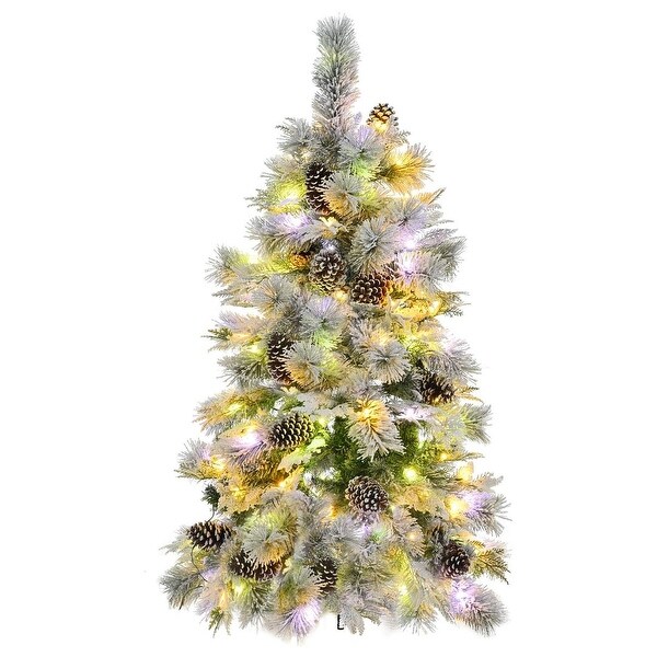 4/6/7.5FT PreLit Spruce Snow Flocked Christmas Tree，PE and PVC Artificial Lighted Xmas Tree with Cones，11 Flashing Modes