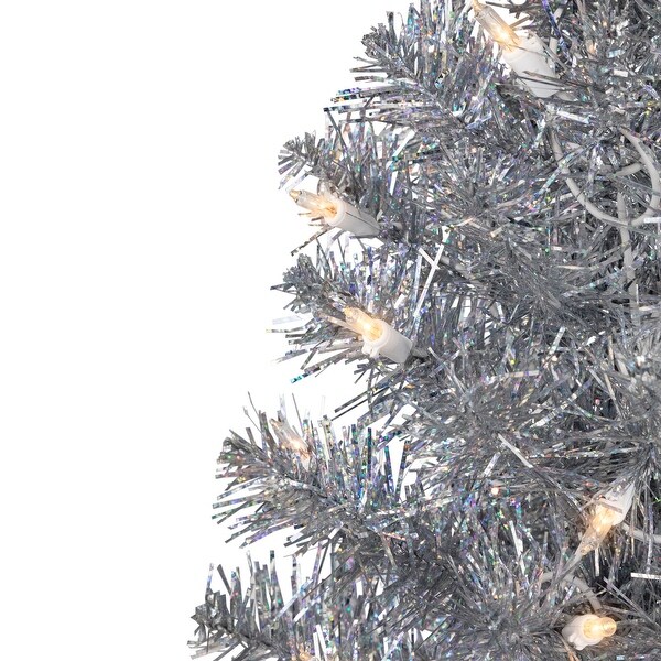 2' Prelit Medium Silver Iridescent Tinsel Pine Artificial Christmas Tree，Clear Lights