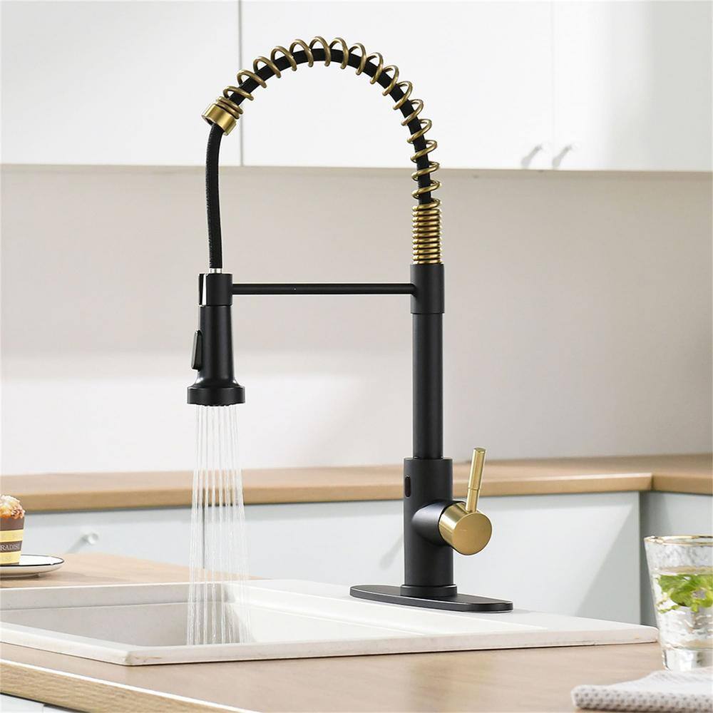 FLG Single Handle Touchless Commercial Smart Pull Down Sprayer Kitchen Faucet with Deckplate Included Black and Brushed Gold CC-0131-BG