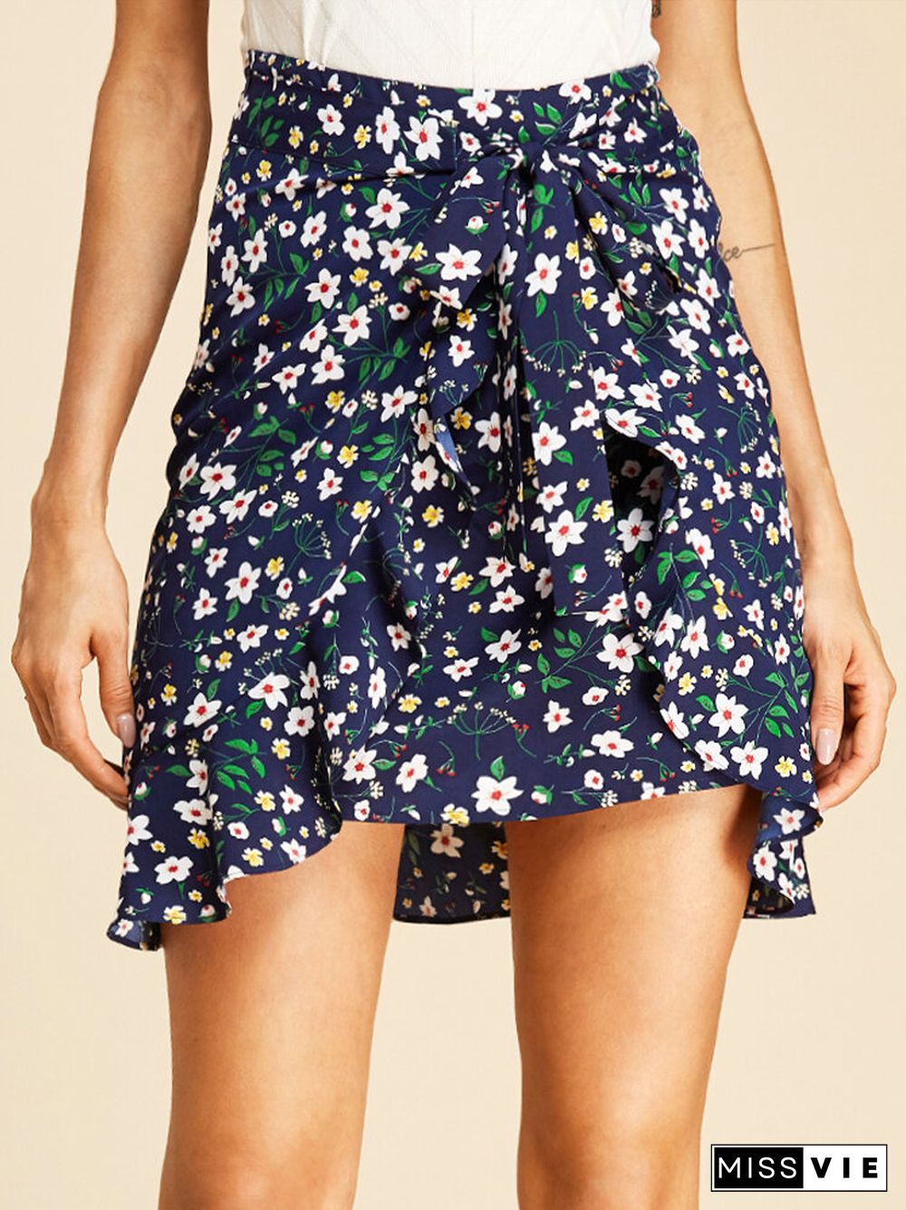 Floral Print Ruffle Asymmetrical Short Casual Skirt for Women