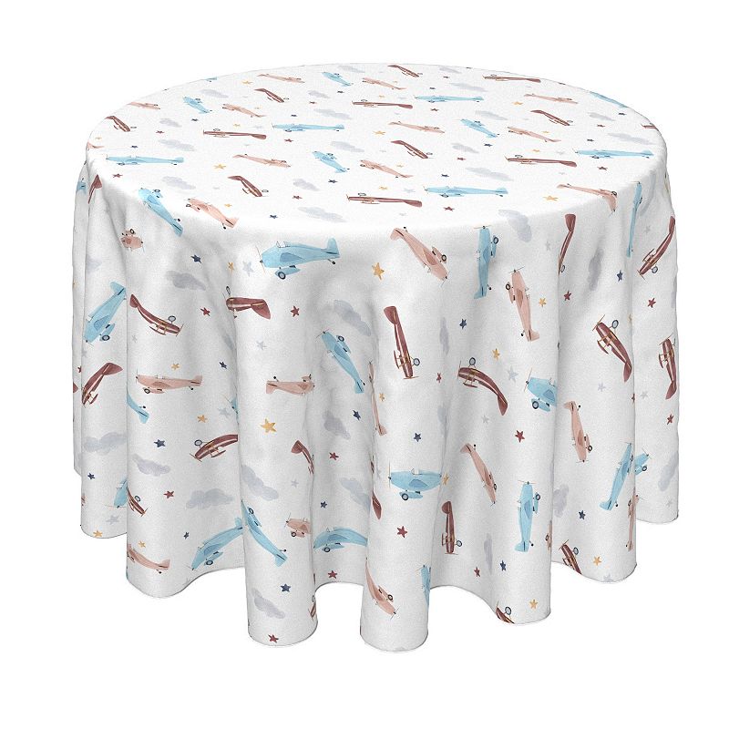 Round Tablecloth， 100% Polyester， 60 Round， Watercolor Clouds and Airplanes