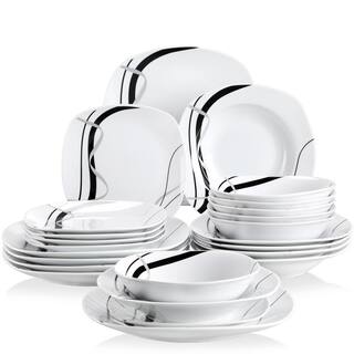 VEWEET Fiona 24-Piece Casual Ivory White with Black Stripes Porcelain Dinnerware Set (Service for 6) FIONA02