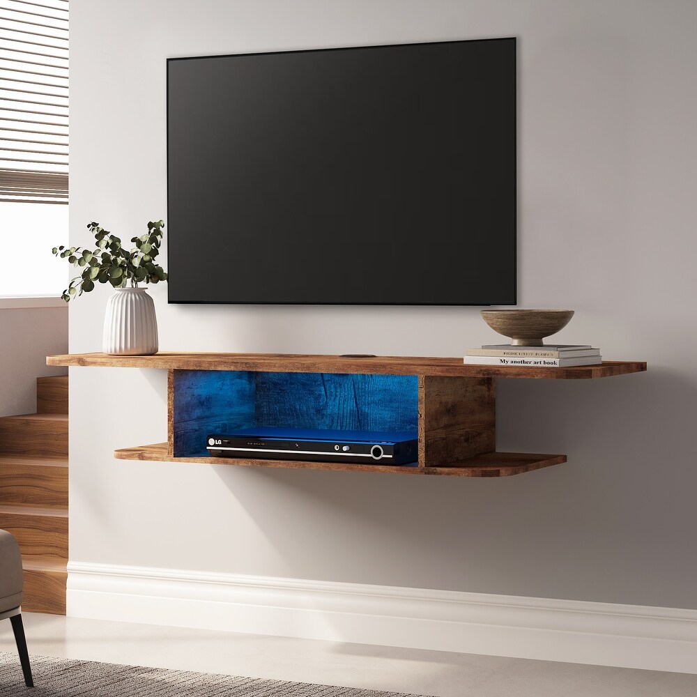 FITUEYES 2 Tier Floating TV Stand with LED Light  Floating TV Shelf Under TV for Living Room  Brown