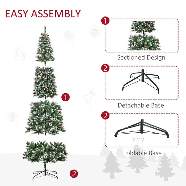 PreLit SnowDusted Artificial Christmas Tree with Realistic Branches，LED Lights，Pine Cones，Red Berries