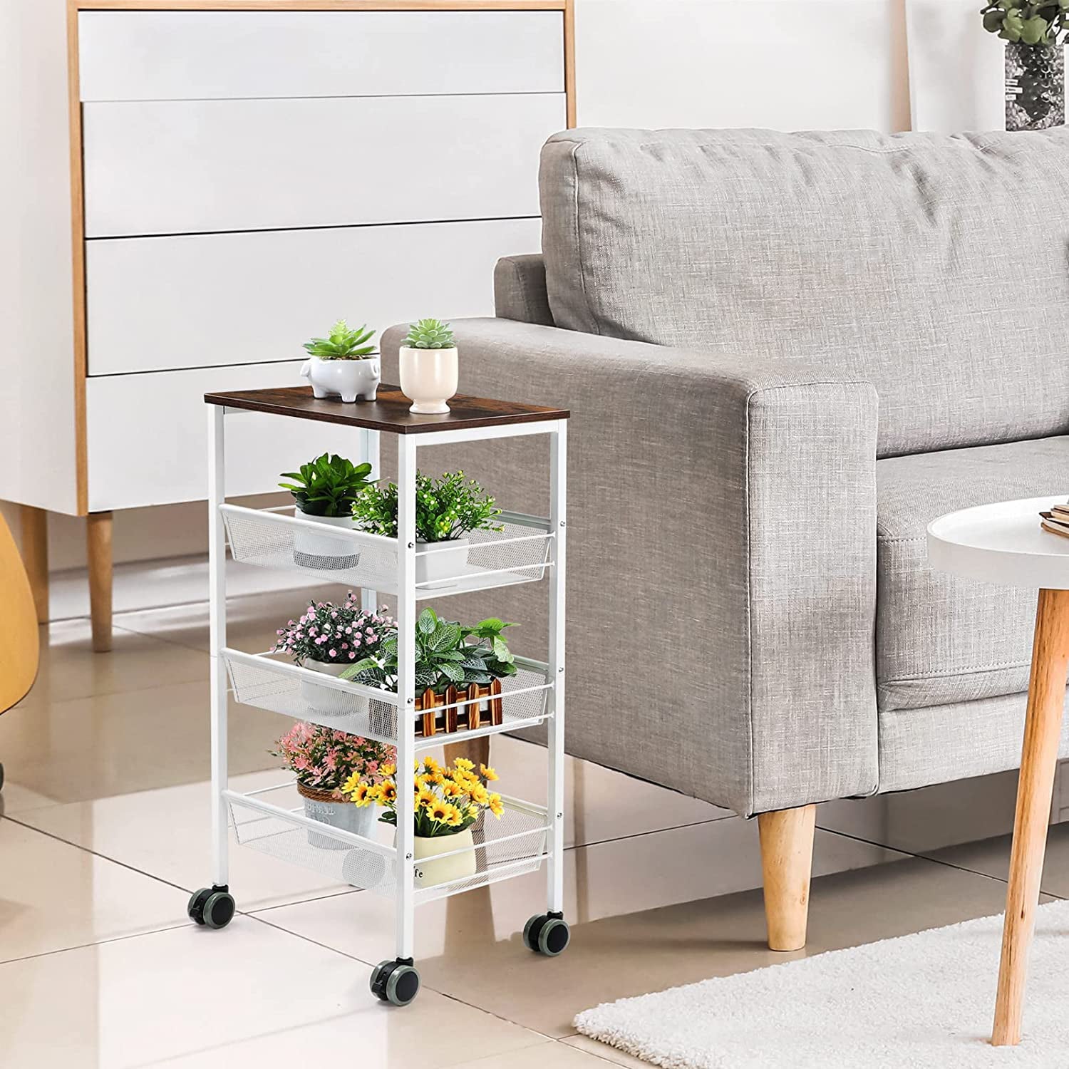 3 Tier Kitchen Storage Rack Cart with Lockable Wheels and Wood Top， White