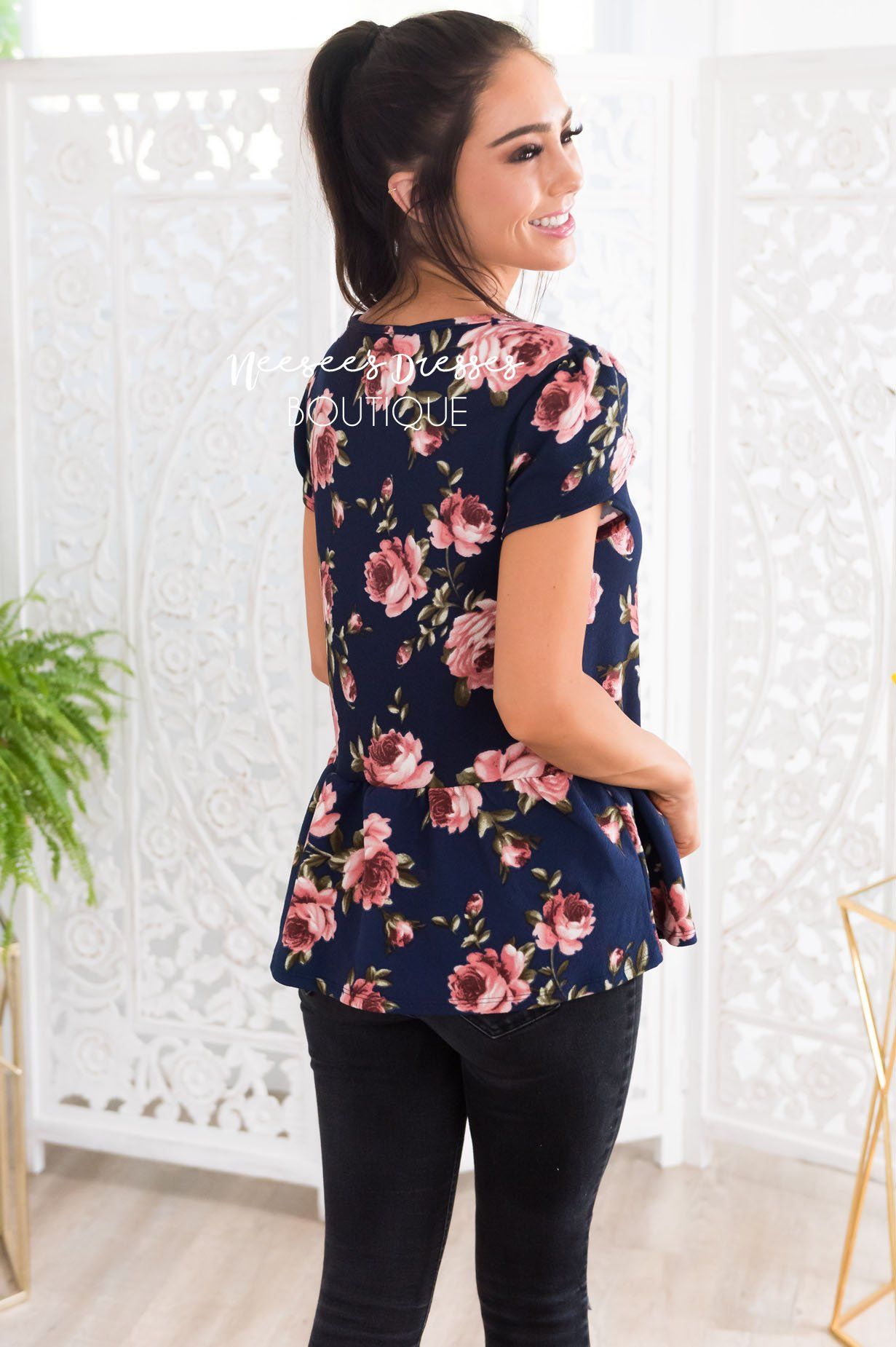 Navy Floral Peplum Top