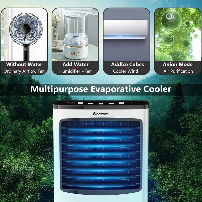 3-in-1 Portable Evaporative Cooler Fan Humidifier with Remote Control, 3 Wind Speeds, 7.5H Timer, 8L Water Tank