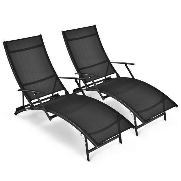 Costway 2pcs Patio Folding Lounge Chair Chaise Recliner Adjustable Stackable W armrest