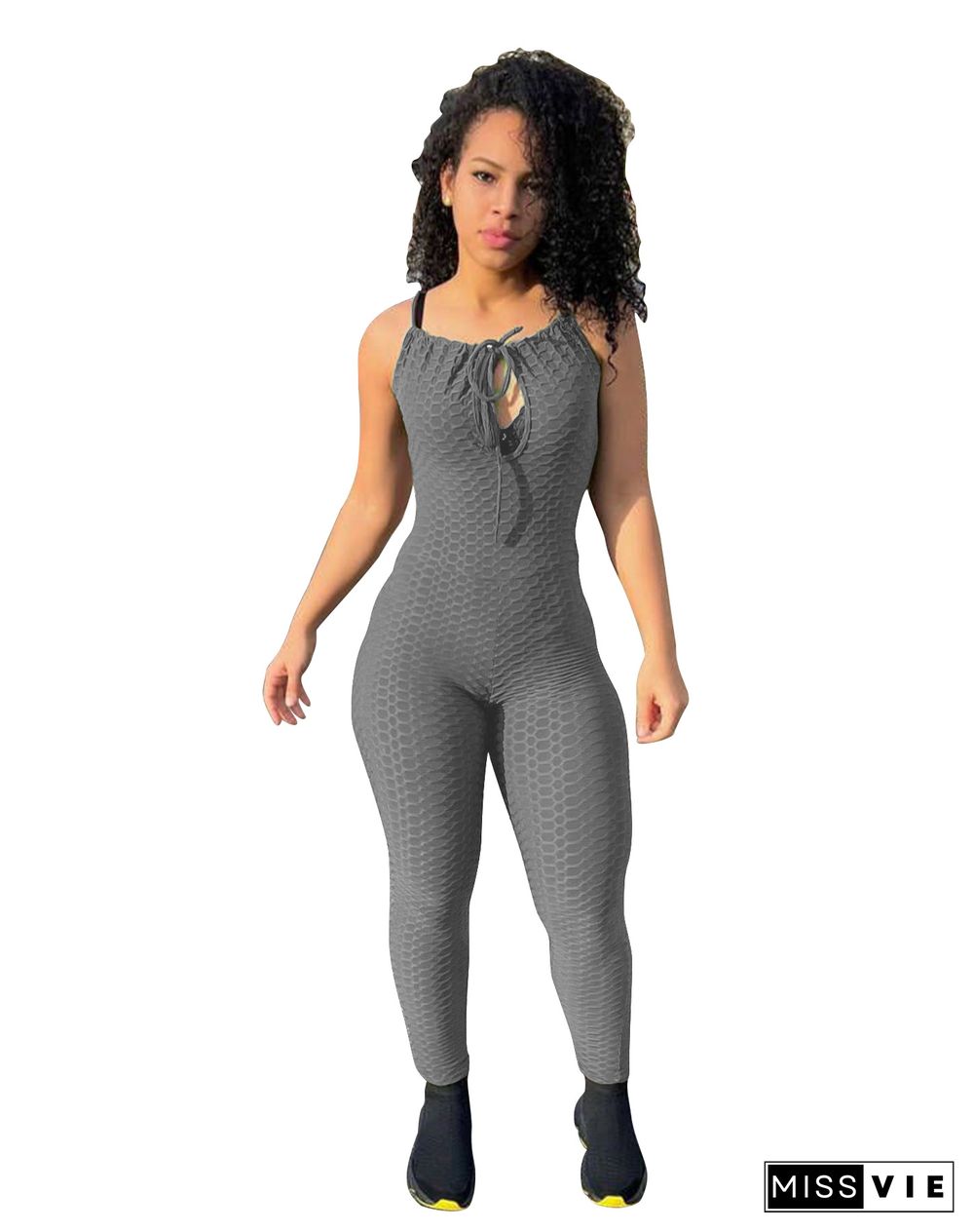 Solid Sleeveless Stretchy Fitness One Piece Jumpsuit