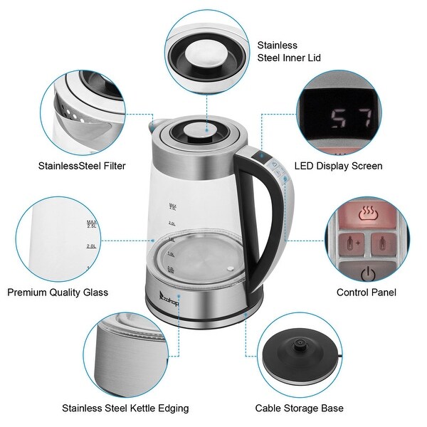 ZOKOP 0.58Gal 1200W Stainless Steel Glass Electric Kettle with Electronic Handle