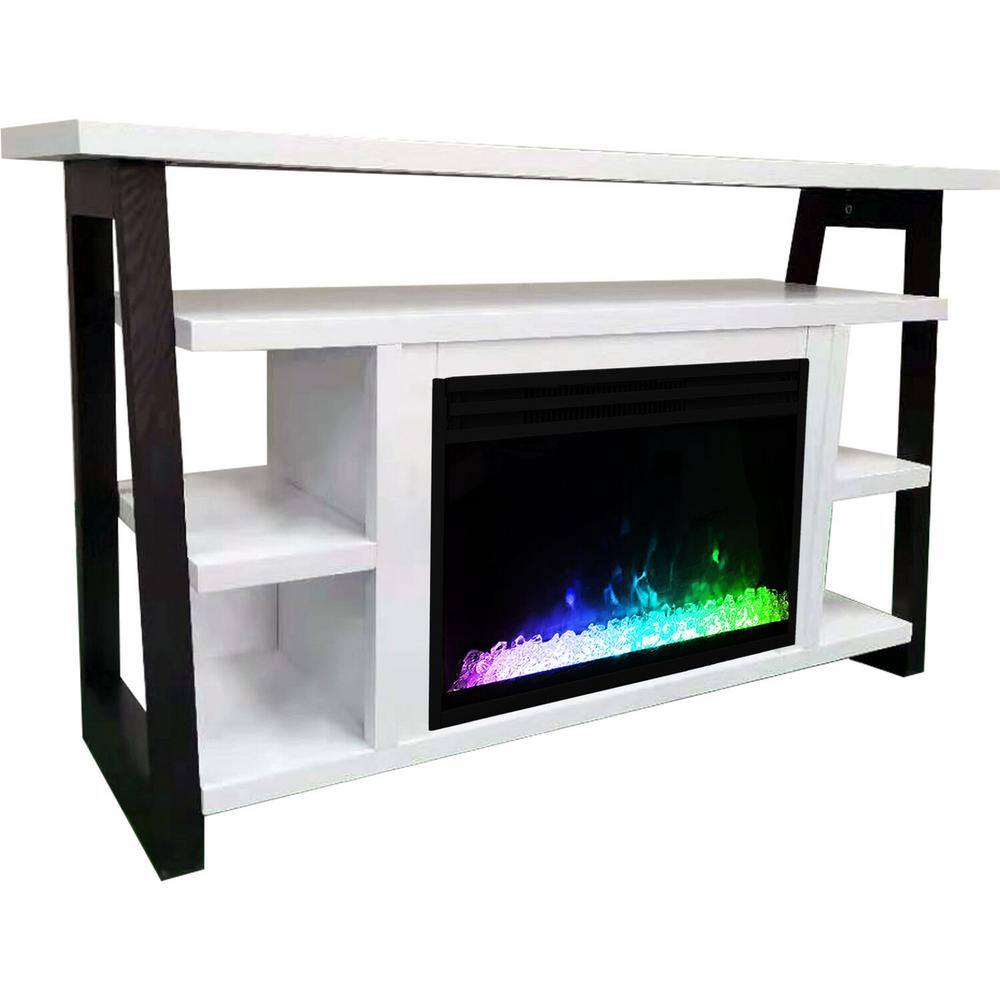 Hanover Industrial Chic 53.1 in. W Freestanding Electric Fireplace TV Stand in White and Black with Deep Crystal Display FS5332-1BWTCS