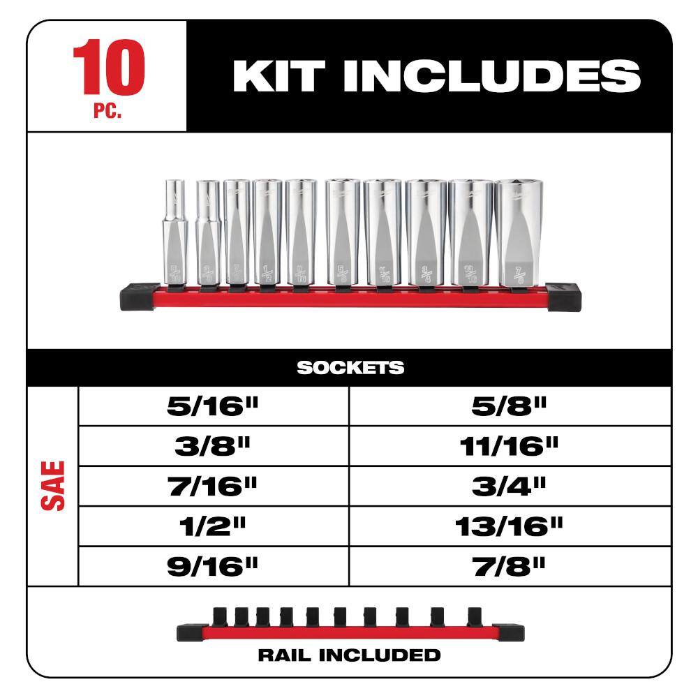 MW 38 in. Drive SAE Deep Well 6-Point Socket Set and 38 in. Drive Ratchet (11-Piece) 48-22-9405-48-22-9038