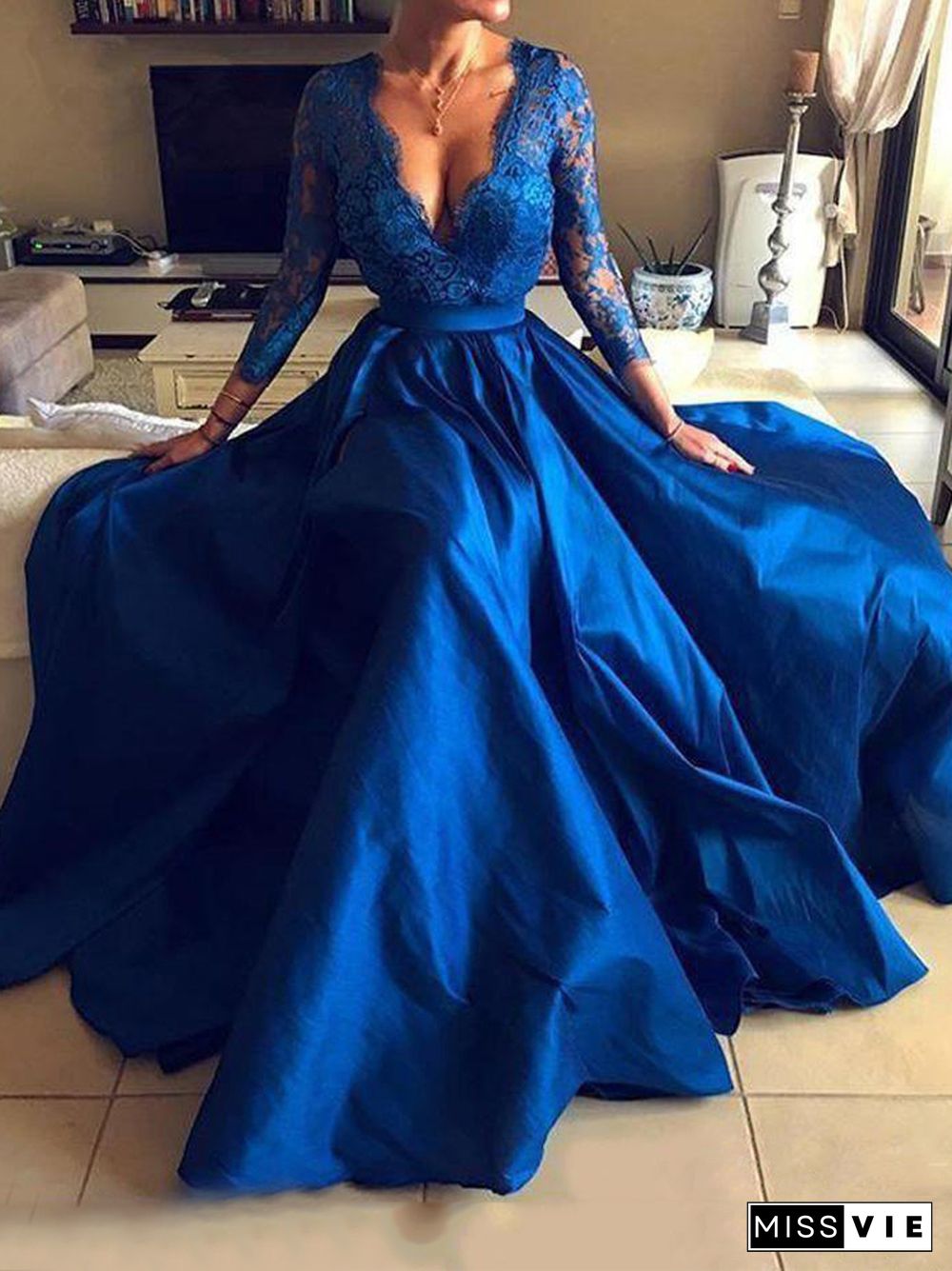 Elegantes Para Mujer Dress V Neck Lace Stitching Big Swing Split Royal Blue Evening Party Birthday OutfitFor Women Vestido