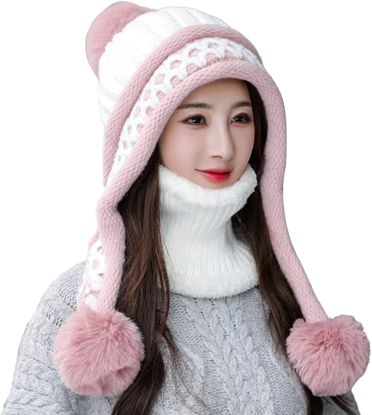 Women Winter Beanie Hat Peruvian Circle Scarf Set Ski Ear Flaps Caps Dual Layered Fleece Lined Pompoms Z15022-fenbai -