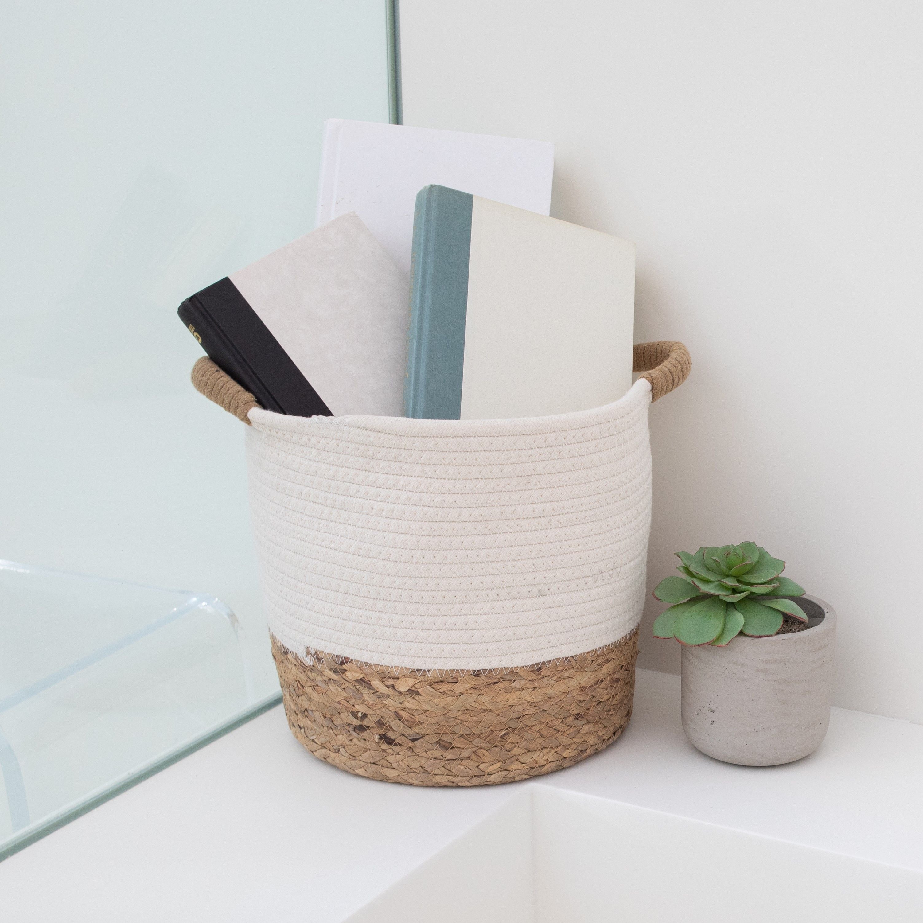 Set of 2 Round Storage Basket, Braided Seagrass & Cotton Rope (MD+SM), Natural & White