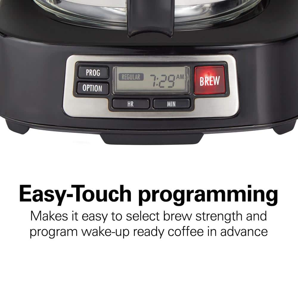 Hamilton Beach 5-Cup Black Compact Coffee Maker with Programmable Clock & Glass Carafe 46111